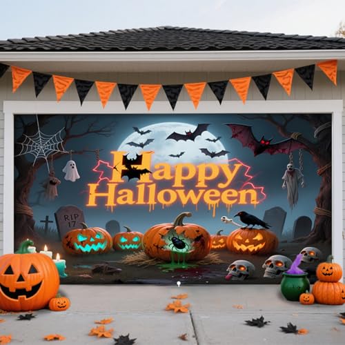 Hiseng Halloween Garagentor Banner, Outdoor Halloween Deko Wandteppich Große Garage Dekorationen, Banner Dekorationen für Gruselige Party (Böse Fledermaus,210x480cm) von Hiseng