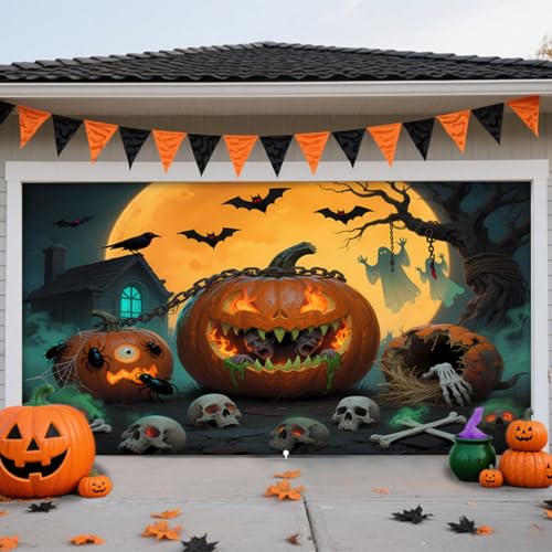 Hiseng Halloween Garagentor Banner, Outdoor Halloween Deko Wandteppich Große Garage Dekorationen, Banner Dekorationen für Gruselige Party (Feuerkürbis,210x240cm) von Hiseng