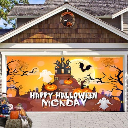 Hiseng Halloween Garagentor Banner, Outdoor Halloween Deko Wandteppich Große Garage Dekorationen, Banner Dekorationen für Gruselige Party (Fledermausschloss,210x240cm) von Hiseng