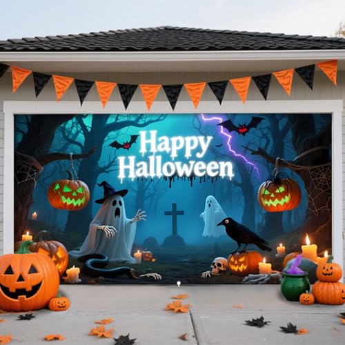 Hiseng Halloween Garagentor Banner, Outdoor Halloween Deko Wandteppich Große Garage Dekorationen, Banner Dekorationen für Gruselige Party (Gespensterrabe,210x480cm) von Hiseng