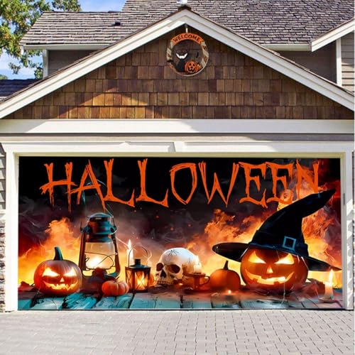 Hiseng Halloween Garagentor Banner, Outdoor Halloween Deko Wandteppich Große Garage Dekorationen, Banner Dekorationen für Gruselige Party (Kerosinlampe 2,180x400cm) von Hiseng