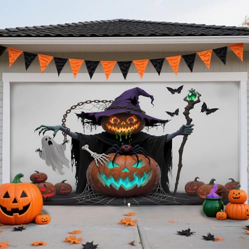 Hiseng Halloween Garagentor Banner, Outdoor Halloween Deko Wandteppich Große Garage Dekorationen, Banner Dekorationen für Gruselige Party (Kürbisdämon,180x400cm) von Hiseng
