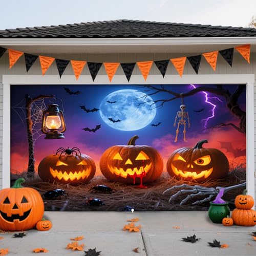 Hiseng Halloween Garagentor Banner, Outdoor Halloween Deko Wandteppich Große Garage Dekorationen, Banner Dekorationen für Gruselige Party (Kürbislaterne,210x480cm) von Hiseng