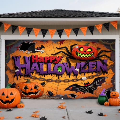 Hiseng Halloween Garagentor Banner, Outdoor Halloween Deko Wandteppich Große Garage Dekorationen, Banner Dekorationen für Gruselige Party (Kürbisspinne,210x240cm) von Hiseng