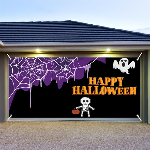 Hiseng Halloween Garagentor Banner, Outdoor Halloween Deko Wandteppich Große Garage Dekorationen, Banner Dekorationen für Gruselige Party (Lila Spinnennetz,210x240cm) von Hiseng