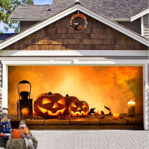 Hiseng Halloween Garagentor Banner, Outdoor Halloween Deko Wandteppich Große Garage Dekorationen, Banner Dekorationen für Gruselige Party (Orange-Gold,210x240cm) von Hiseng