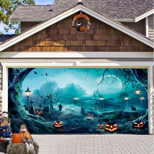 Hiseng Halloween Garagentor Banner, Outdoor Halloween Deko Wandteppich Große Garage Dekorationen, Banner Dekorationen für Gruselige Party (Schwarz Blau 1,210x240cm) von Hiseng