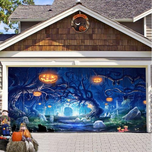 Hiseng Halloween Garagentor Banner, Outdoor Halloween Deko Wandteppich Große Garage Dekorationen, Banner Dekorationen für Gruselige Party (Schwarz Blau 2,210x240cm) von Hiseng