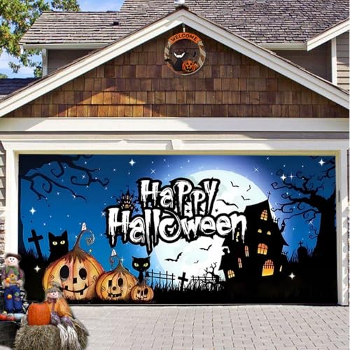 Hiseng Halloween Garagentor Banner, Outdoor Halloween Deko Wandteppich Große Garage Dekorationen, Banner Dekorationen für Gruselige Party (Schwarz Blau 3,210x480cm) von Hiseng