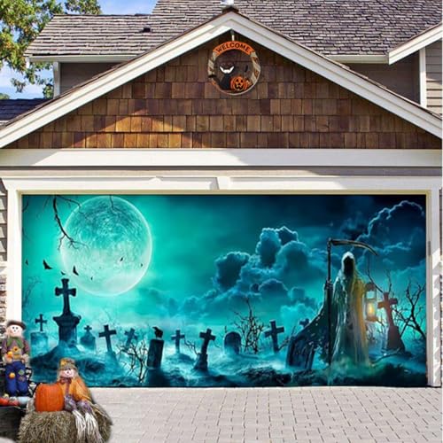 Hiseng Halloween Garagentor Banner, Outdoor Halloween Deko Wandteppich Große Garage Dekorationen, Banner Dekorationen für Gruselige Party (Schwarz Blau 7,210x480cm) von Hiseng