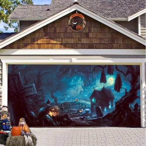 Hiseng Halloween Garagentor Banner, Outdoor Halloween Deko Wandteppich Große Garage Dekorationen, Banner Dekorationen für Gruselige Party (Schwarz Blau 8,180x400cm) von Hiseng