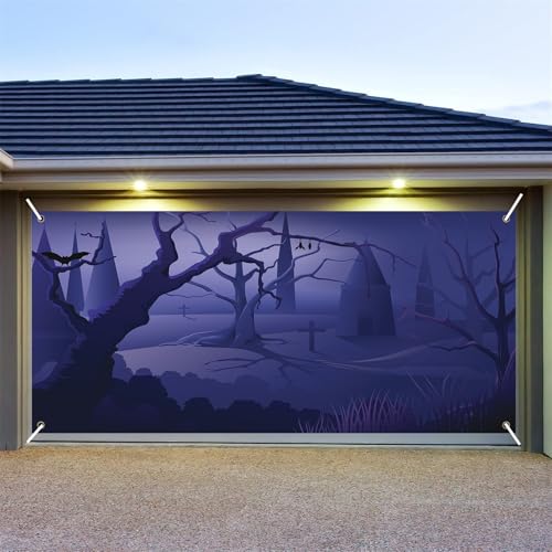 Hiseng Halloween Garagentor Banner, Outdoor Halloween Deko Wandteppich Große Garage Dekorationen, Banner Dekorationen für Gruselige Party (Schwarze Wildnis,210x480cm) von Hiseng