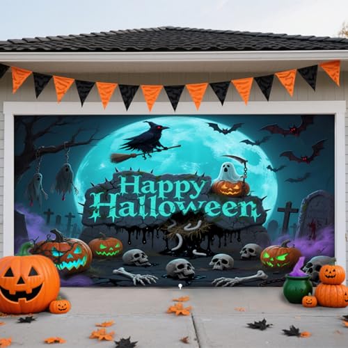 Hiseng Halloween Garagentor Banner, Outdoor Halloween Deko Wandteppich Große Garage Dekorationen, Banner Dekorationen für Gruselige Party (Skelettfriedhof 1,180x400cm) von Hiseng