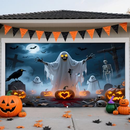 Hiseng Halloween Garagentor Banner, Outdoor Halloween Deko Wandteppich Große Garage Dekorationen, Banner Dekorationen für Gruselige Party (Skelettgeist,180x400cm) von Hiseng