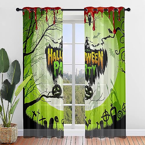Hiseng Halloween Voile Vorhänge mit Ösen Durchsichtig Halbtransparent Ösenvorhang für Fenster Wohnzimmer Schlafzimmer Kürbis Moderne Transparent Gardine 2er Set (Grün,140x213cm) von Hiseng