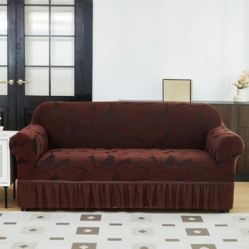 Hiseng Jacquard Blatt Sofa Überzug, Stretch Sofabezug 1 2 3 4 Sitzer Polyesterfaser Couch Überzug Waschbar Universal Sofa Cover Sofaschoner für Haustiere Und Kind (2-Sitzer,Kaffee Blatt) von Hiseng