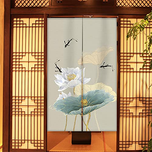 Hiseng Japanischer Gardinen Noren Tür Vorhang, Leinen Partition Türvorhang Restaurant Home Schlafzimmer Vorhang Wand Tapisserie, für die Heimtextilien Raumteiler (Lotus Blatt,85x150cm) von Hiseng