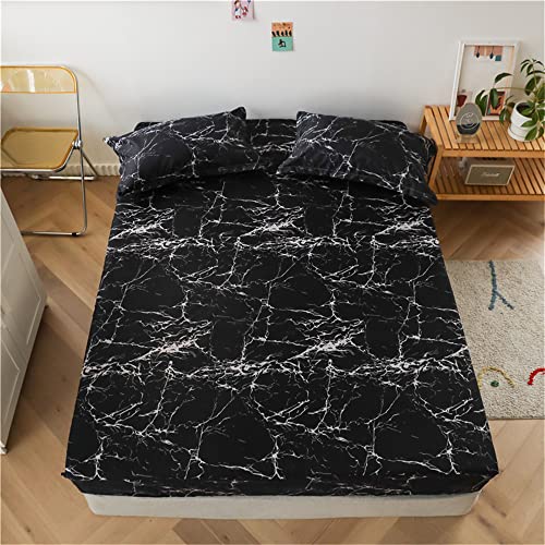 Hiseng Jersey Spannbettlaken, Weiches Microfaser Spannbetttuch Leintuch, bis 30cm Matratzenhöhe, Elastisches Matratzenschoner für Boxspringbett & Wasserbett (180x200+30cm,schwarzer Marmor) von Hiseng