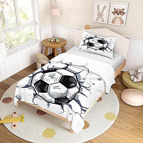 Hiseng Kinderbettwäsche für Mädchen und Jungen, 3D Fußball Kinder Bettwäsche-Sets mit Kissenbezug, Bettwäsche Set Mikrofaser Bettbezug mit Reißverschluss (100x135cm,Trifft Wand) von Hiseng