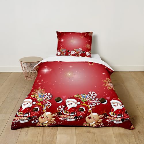 Hiseng Kinderbettwäsche für Mädchen und Jungen Weihnachtstag Kinder Bettwäsche-Sets mit Kissenbezug, Bettwäsche Set Mikrofaser Bettbezug mit Reißverschluss (120x150cm,Rot.) von Hiseng