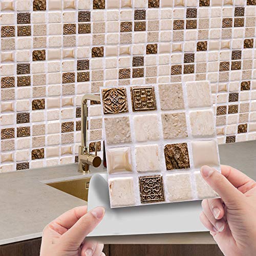 Hiseng Küchenrückwand Fliesenaufkleber, Rechteck Marmor 3D Mosaik Muster Wasserdicht Ölfest Stickerfliesen Deko Selbstklebende für Küche Badezimmer Wohnzimmer, 10x10cm (Braun Mosaik,30Stück) von Hiseng