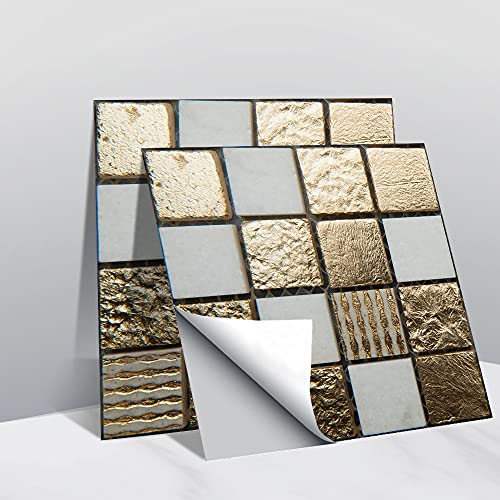 Hiseng Küchenrückwand Fliesenaufkleber, Rechteck Marmor 3D Mosaik Muster Wasserdicht Ölfest Stickerfliesen Deko Selbstklebende für Küche Badezimmer Wohnzimmer, 10x10cm (Golden Mosaik,30Stück) von Hiseng