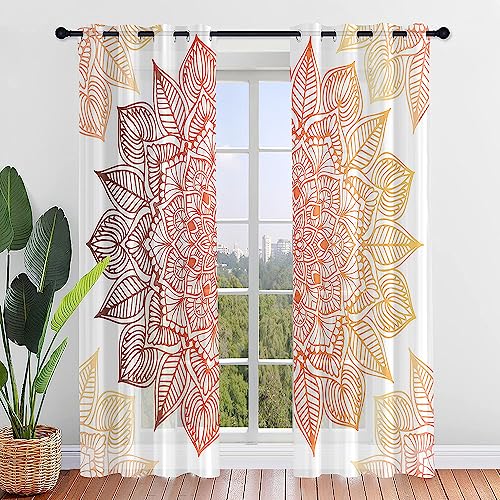 Hiseng Mandala Voile Vorhänge mit Ösen Durchsichtig Halbtransparent Ösenvorhang für Fenster Wohnzimmer Schlafzimmer Moderne Böhmen Elegante Transparent Gardine 2er Set (107x160cm,Braun-Orange) von Hiseng