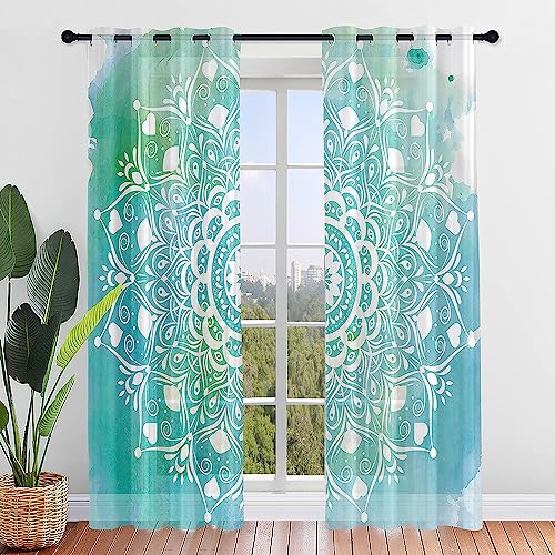 Hiseng Mandala Voile Vorhänge mit Ösen Durchsichtig Halbtransparent Ösenvorhang für Fenster Wohnzimmer Schlafzimmer Moderne Böhmen Elegante Transparent Gardine 2er Set (80x115cm,Blau Grün) von Hiseng