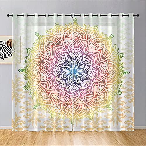 Hiseng Mandala Voile Vorhänge mit Ösen Durchsichtig Halbtransparent Ösenvorhang für Fenster Wohnzimmer Schlafzimmer Moderne Elegante Transparent Gardine 2er Set (107x160cm,Rebe gelb) von Hiseng