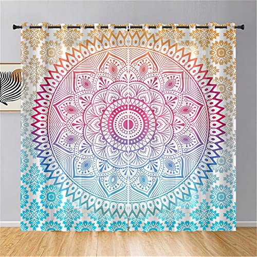 Hiseng Mandala Voile Vorhänge mit Ösen Durchsichtig Halbtransparent Ösenvorhang für Fenster Wohnzimmer Schlafzimmer Moderne Elegante Transparent Gardine 2er Set (132x182cm,Blau Gelb) von Hiseng