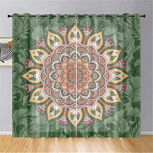Hiseng Mandala Voile Vorhänge mit Ösen Durchsichtig Halbtransparent Ösenvorhang für Fenster Wohnzimmer Schlafzimmer Moderne und Elegante Transparent Gardine 2er Set (132x244cm,Grün Mandala) von Hiseng