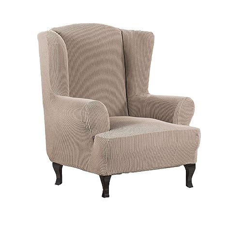 Hiseng Ohrensessel Überzug, 2-Teilig Stretch Sessel-Überwürfe Ohrensessel Kissen Jacquard-Stoff Sofa Schonbezüge, Flügel Zurück Sesselbezüge mit Armlehne Hohe Rückenlehne (Khaki) von Hiseng