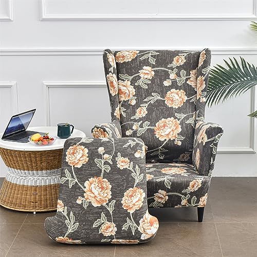 Hiseng Ohrensessel Überzug Stretch 2-Teilig, Sessel-Überwürfe Ohrensessel Schonbezüge Bezug, Modern Elastisch Sesselhusse Universal Tiger Stuhlbezug mit Armlehne Hohe Rückenlehne (Blatt Blume) von Hiseng