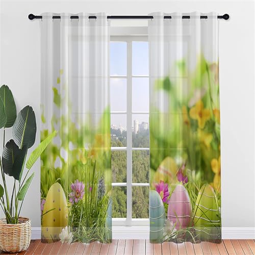 Hiseng Ostern Voile Vorhänge mit Ösen Durchsichtig Halbtransparent Ösenvorhang für Fenster Elegant Wohnzimmer Schlafzimmer Ostern Druck Transparent Gardine 2er Set (Naturlandschaft,107x244cm) von Hiseng