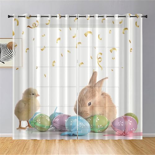 Hiseng Ostern Voile Vorhänge mit Ösen Durchsichtig Halbtransparent Ösenvorhang für Fenster Wohnzimmer Schlafzimmer Moderne und Elegante Transparent Gardine 2er Set (132x160cm,Kaninchen und Huhn) von Hiseng