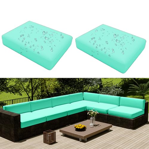 Hiseng Outdoor Sofa Sitzkissenbezug 2er Set Wasserdicht mit Reißverschluss, Terrassenstuhl Sofakissen Bezug Abnehmbar, Wetterfest Sofabezug für Garten Möbel aus Rattan (50x45x10cm,Blau) von Hiseng