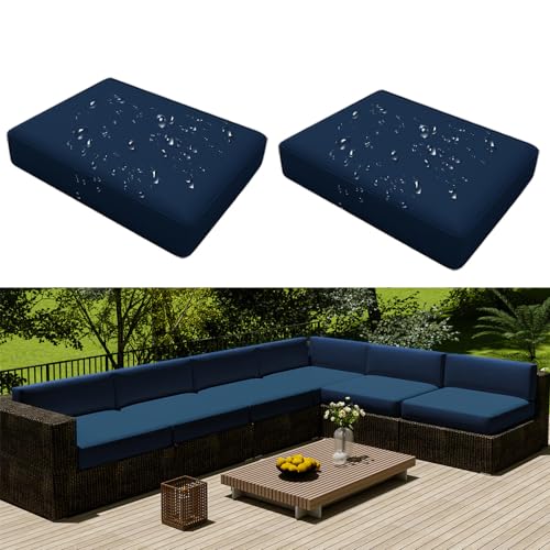 Hiseng Outdoor Sofa Sitzkissenbezug 2er Set Wasserdicht mit Reißverschluss, Terrassenstuhl Sofakissen Bezug Abnehmbar, Wetterfest Sofabezug für Garten Möbel aus Rattan (60x55x10cm,Navy Blau) von Hiseng