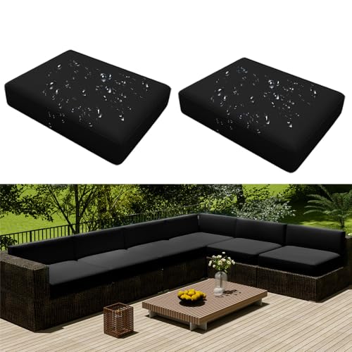 Hiseng Outdoor Sofa Sitzkissenbezug 2er Set Wasserdicht mit Reißverschluss, Terrassenstuhl Sofakissen Bezug Abnehmbar, Wetterfest Sofabezug für Garten Möbel aus Rattan (60x55x10cm,Schwarz) von Hiseng