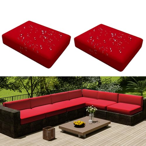 Hiseng Outdoor Sofa Sitzkissenbezug 2er Set Wasserdicht mit Reißverschluss, Terrassenstuhl Sofakissen Bezug Abnehmbar, Wetterfest Sofabezug für Garten Möbel aus Rattan (65x65x10cm,Rot) von Hiseng