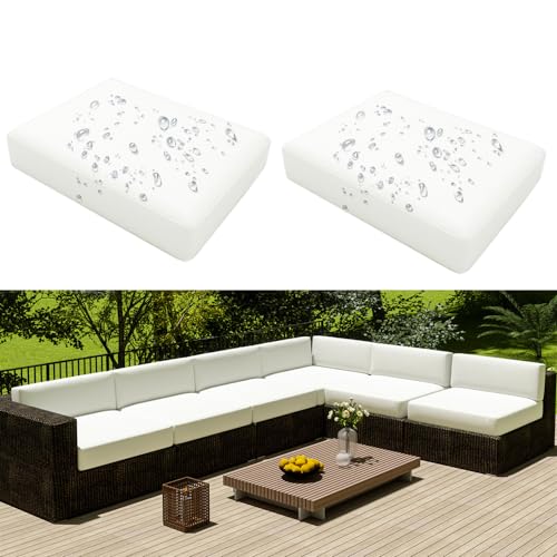 Hiseng Outdoor Sofa Sitzkissenbezug 2er Set Wasserdicht mit Reißverschluss, Terrassenstuhl Sofakissen Bezug Abnehmbar, Wetterfest Sofabezug für Garten Möbel aus Rattan (65x65x10cm,weiß) von Hiseng