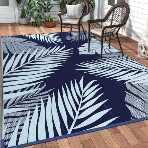 Hiseng Outdoor Teppich Wetterfest, Balkon Camping Teppich, Kunststoff Stroh Outdoorteppich, UV-bestandig Wasserfest Terrasse Matte, Faltbar Rug Carpet für Garten RV (Blaue Blätter,152x244cm) von Hiseng