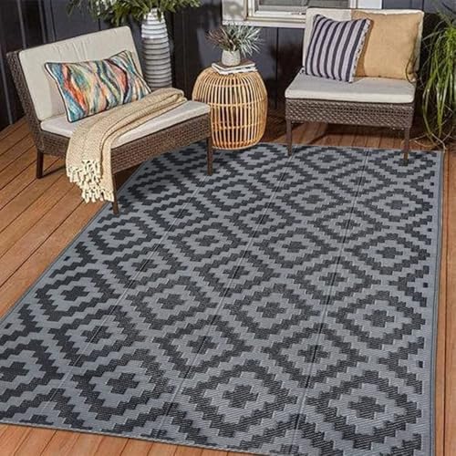 Hiseng Outdoor Teppich Wetterfest, Balkon Camping Teppich, Kunststoff Stroh Outdoorteppich, Wasserfest Terrasse Matte, UV-bestandig Faltbar Rug Carpet für Garten RV, Moderner (Anthrazit,183x274cm) von Hiseng