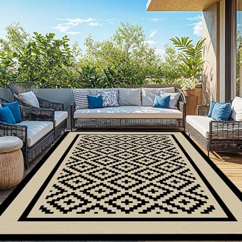 Hiseng Outdoor Teppich Wetterfest, Balkon Camping Teppich, Kunststoff Stroh Outdoorteppich, Wasserfest Terrasse Matte, UV-bestandig Faltbar Rug Carpet für Garten RV (Beigeschwarz,122x183cm) von Hiseng