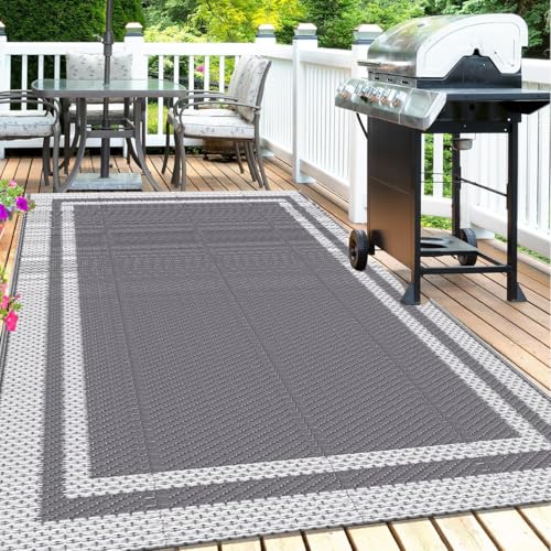 Hiseng Outdoor Teppich Wetterfest, Balkon Camping Teppich, Modernes Grau Wendbarer Kunststoff Outdoorteppich UV-bestandig Wasserfest Terrasse Matte für Garten RV Picknick (Grau,122x183cm) von Hiseng