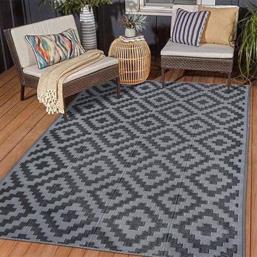 Hiseng Outdoor Teppich Wetterfest, Balkon Camping Teppich, Wendbarer Geometrie Kunststoff Outdoorteppich UV-bestandig Wasserfest Terrasse Matte für Garten RV Picknick (Schwarz Grau,122x183cm) von Hiseng