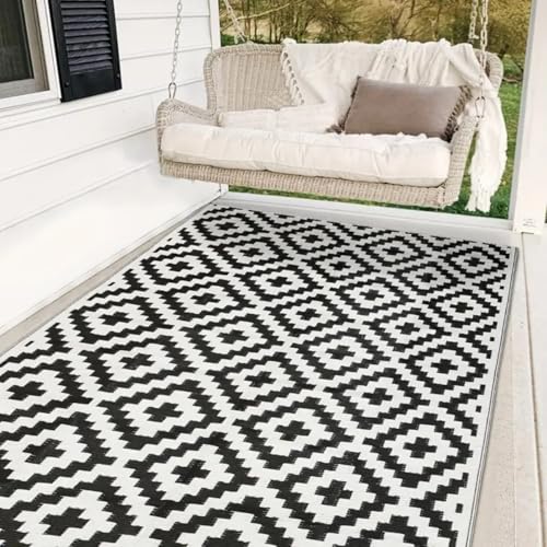 Hiseng Outdoor Teppich Wetterfest, Balkon Camping Teppich, Wendbarer Geometrie Kunststoff Outdoorteppich UV-bestandig Wasserfest Terrasse Matte für Garten RV Picknick (Schwarz Weiß,152x244cm) von Hiseng
