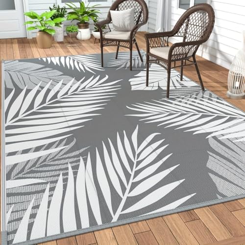 Hiseng Outdoor Teppich Wetterfest, Balkon Camping Teppich mit Tropische Blätter Wendbarer Kunststoff Outdoorteppich UV-bestandig Wasserfest Terrasse Matte für Garten RV Picknick (Grau,183x274cm) von Hiseng