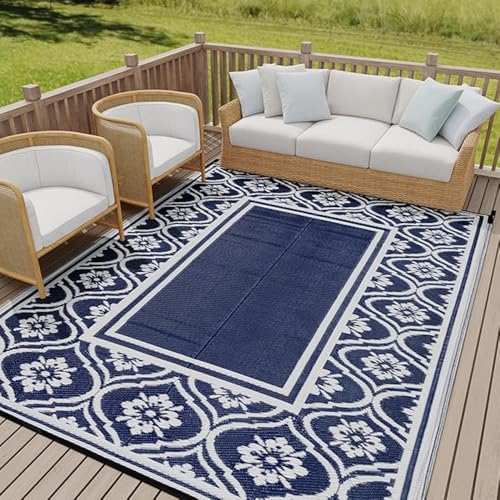 Hiseng Outdoor Teppich Wetterfest, Modern Balkon Camping Teppich, Kunststoff Stroh Outdoorteppich, Wasserfest Terrasse Matte, UV-bestandig Faltbar Rug Carpet für Garten RV (Dark Blue,152x244cm) von Hiseng