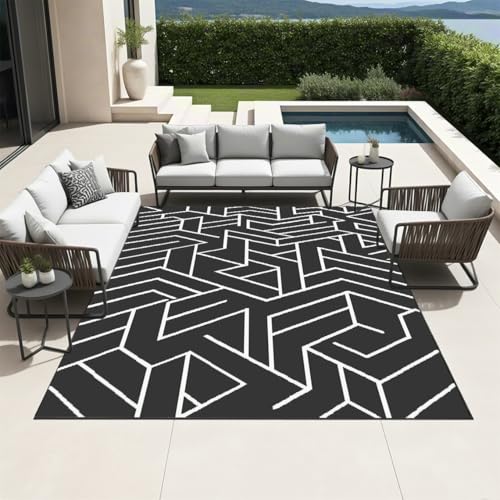 Hiseng Outdoor Teppich Wetterfest, Schwarzer Stil, Stroh Outdoorteppich, Balkon Camping Teppich, Wasserfest Terrasse Matte, UV-bestandig Faltbar Rug Carpet für Garten Picknick (A,152 * 244cm) von Hiseng
