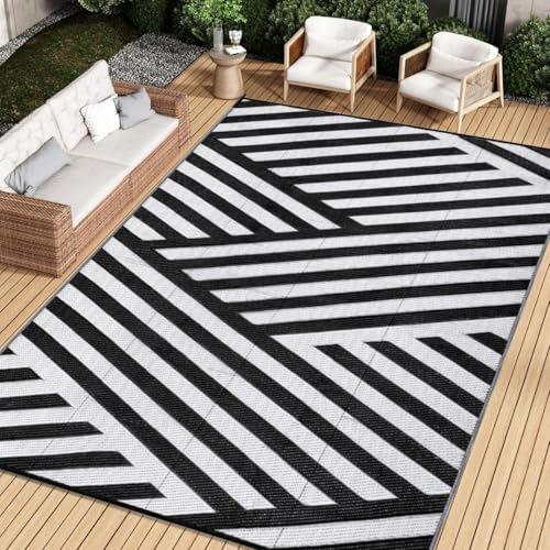 Hiseng Outdoor Teppich Wetterfest, Stroh Outdoorteppich, Balkon Camping Teppich, Wasserfest Terrasse Matte, UV-bestandig Faltbar Rug Carpet für Garten Picknick (Schwarz und Weiß,122 * 183cm) von Hiseng
